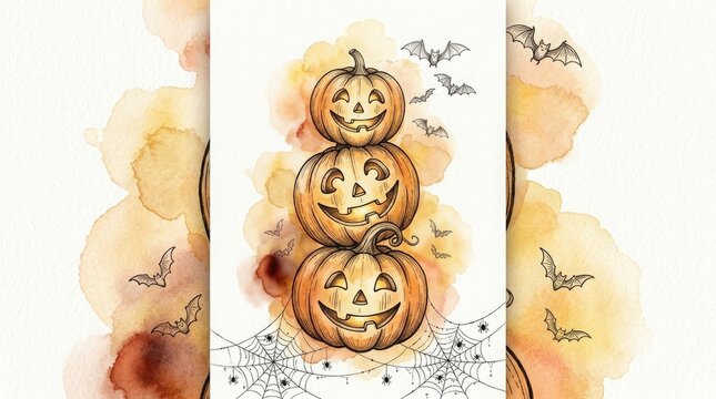 A whimsical watercolor illustration featuring a stack of three carved jack o lanterns for a spooky halloween celebration