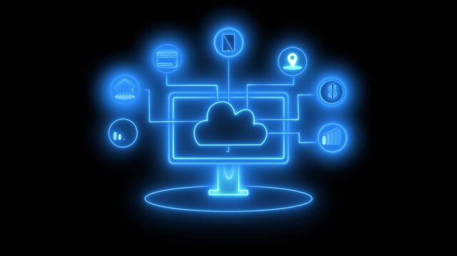 Glowing cloud computing concept with connected icons animation