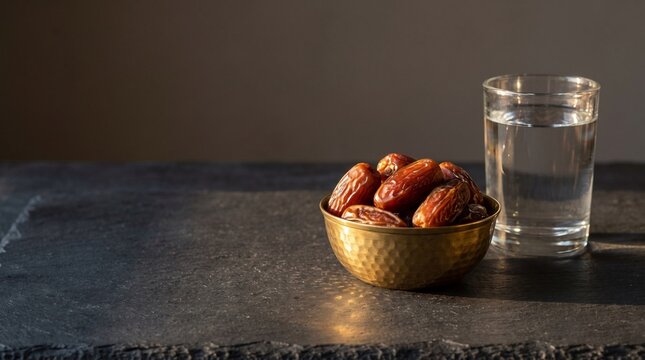 Traditional Dates and Glass of Water on Dark Slate for Ramadan Iftar