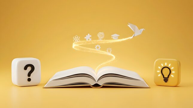 Creative education concept with open book releasing glowing knowledge icons and origami bird representing learning freedom and innovation