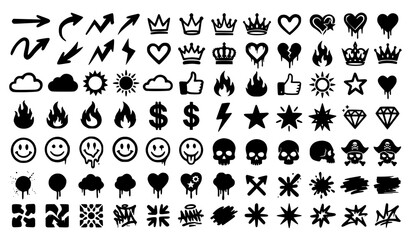 Obraz premium Graffiti Spray Stencil Icon Pack with Black Urban Symbols and Dripping Street Art Effects