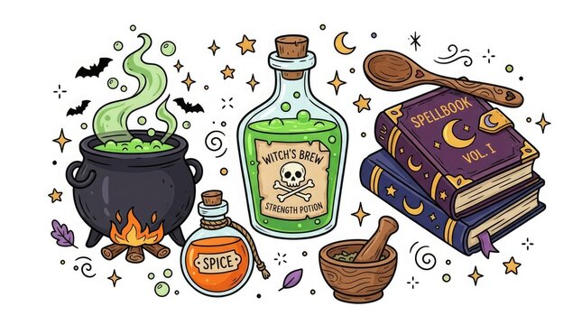 Watercolor illustration set featuring a witch cauldron magic potion bottles spell books and mystical alchemy equipment elements
