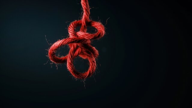 Red string tied in a complex knot against a dark background