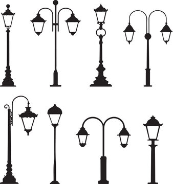 Set of Vintage Wrought Iron Street Lamps Vector Illustration Featuring Antique Metal Lantern Lamppost Silhouettes for Retro City Architecture and Urban Lighting Design