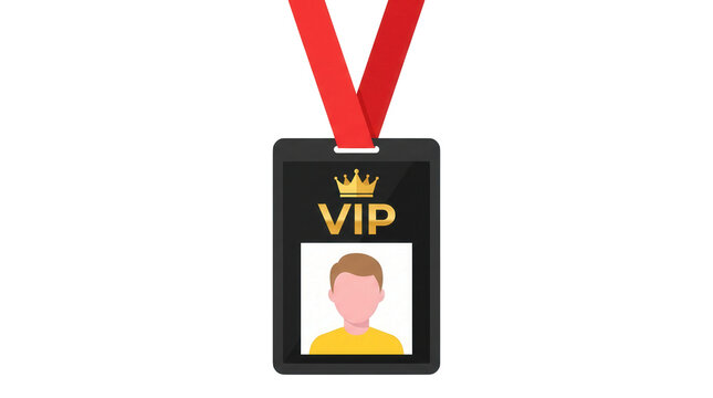 Black VIP pass with red ribbon, golden crown icon and person portrait placeholder isolated on transparent background, exclusive access and membership concept