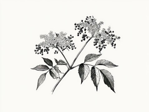 Vintage botanical illustration of elderberry plant with berries isolated on white background