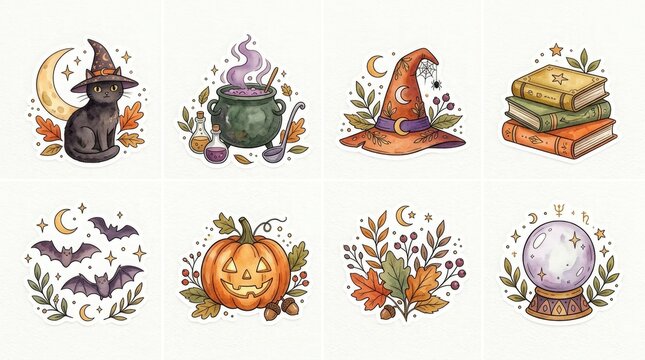 Set of watercolor halloween illustrations featuring a black cat witch hat pumpkin cauldron bats and magical crystal ball
