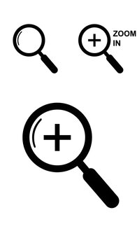 Black and white plus symbol with magnifying glass.