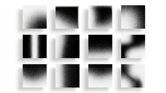 Set of twelve black and white grainy gradient textures isolated on white background