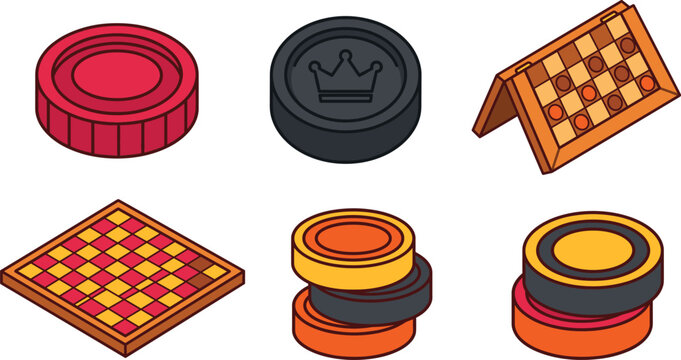 Isometric checkers board game pieces icon set 3d vector illustrations of draughts chips isolated on white
