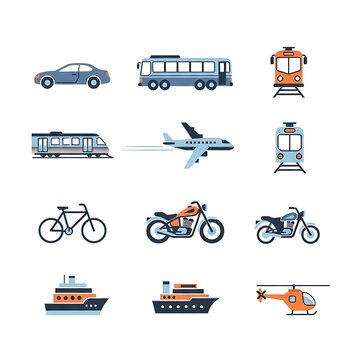 Collection of various transportation vehicles and modes.