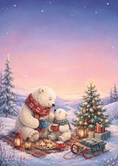Obraz premium A heartwarming illustration depicts a polar bear parent and child sharing a cozy moment on Christmas Eve.