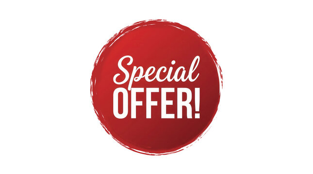 Red circular ink stamp design with Special Offer text in white script and sans-serif fonts, bordered by brush stroke ring on black background