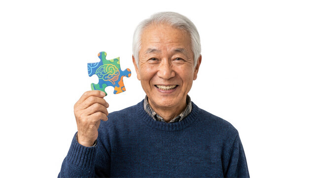 Happy elderly man proudly displaying a vibrant puzzle piece symbolizing mental well being during his joyful golden years