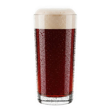 Full glass of dark brown craft beer with thick foam and condensation.