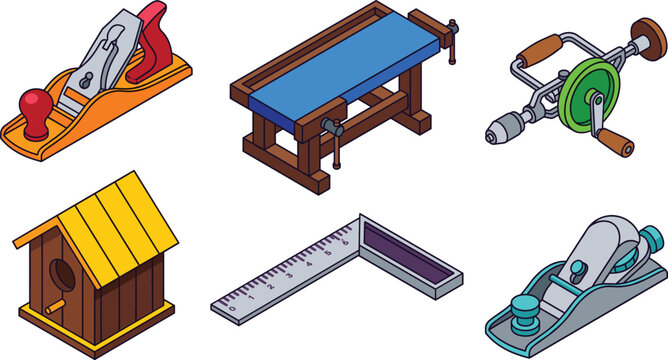 Isometric carpentry tools vector set featuring wood hand planes workbench manual drill square ruler and birdhouse