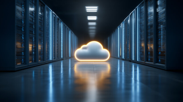 Cloud symbol displayed between server racks represents cloud computing data storage and scalable digital infrastructure.

