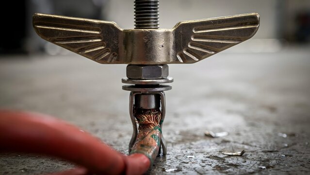 Close-up of a large bolt and wingnut tightening a copper wire on construction site