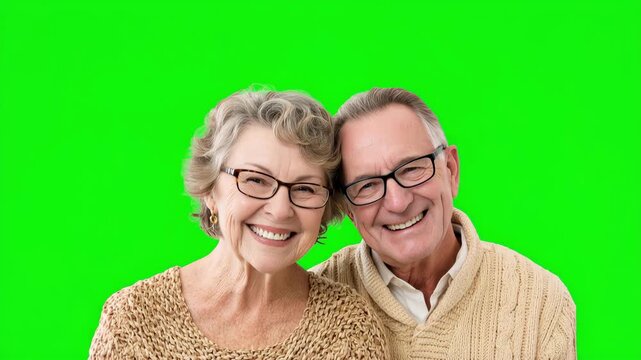Happy senior couple smiling together on green screen background, elderly man and woman isolated for chroma key video editing