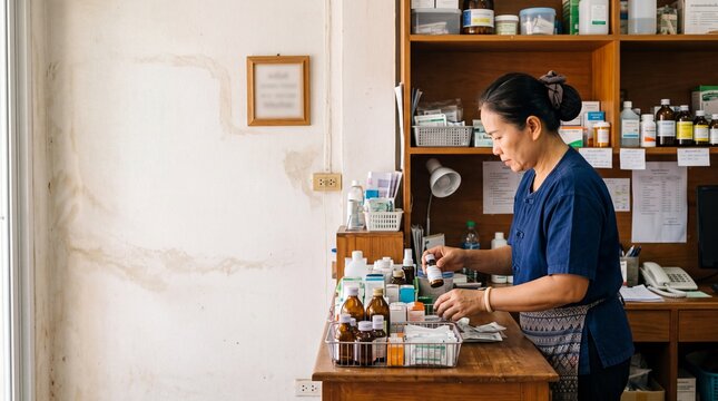 A female healthcare professional meticulously organizes medical supplies and medication bottles within a well-stocked dispensary, showcasing a scene of dedicated patient care.