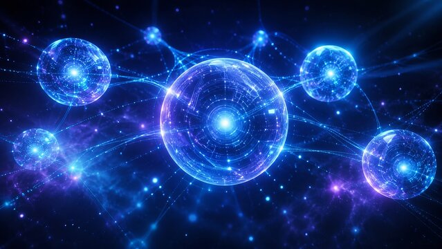 Glowing 3D energy spheres represent virtual assistants. Bright digital orbs shine in space as symbols of innovation, science, and artificial intelligence.