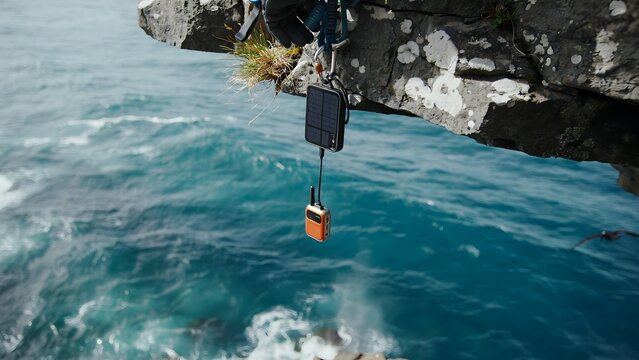 Solar-powered security lock hanging over cliff edge with ocean view