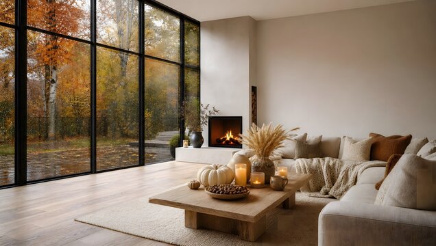Open plan living room with indoor fireplace and floor ceiling windows facing autumn landscape.