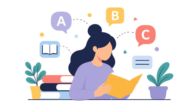 woman reading book focused on learning.