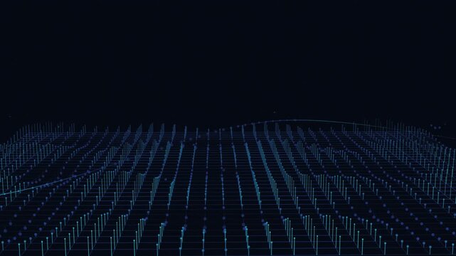 Digital data grid rising in abstract futuristic landscape, technology concept