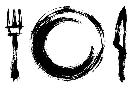 Dinner plate with fork and knife in minimalist zen brush stroke style