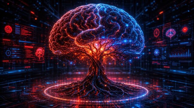A digital brain glows with neural connections and data streams, symbolizing advanced AI, technology, and neural networks in a futuristic virtual environment.