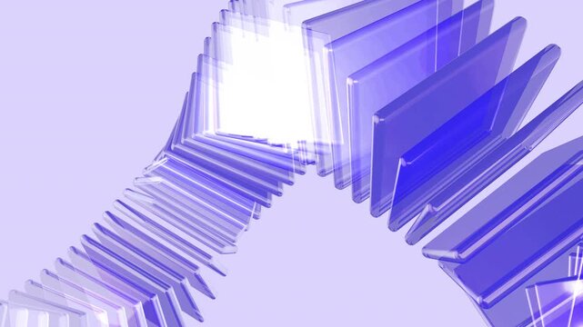 Abstract translucent glass plates bending into a graceful wave formation. Modern crystal layers with luminous purple highlights and transparent reflections on transparent background