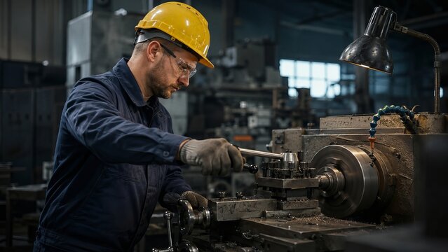 Male factory workers wear yellow helmets while operating metal lathes in industrial workshops.