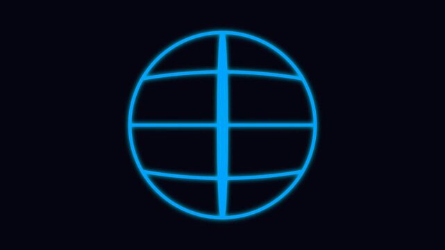 Glowing blue neon globe grid icon representing global connectivity and digital network technology on a dark black background