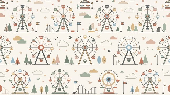 Seamless Pattern of Amusement Park Elements featuring Ferris Wheels and Roller Coasters in Minimalist Flat Illustration Style