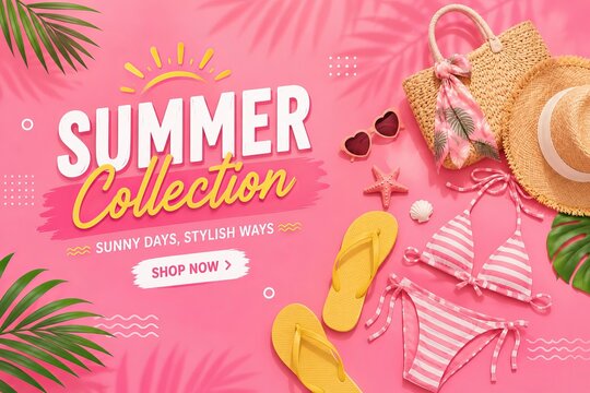 Summer collection items appear on pink backgrounds for web banners.