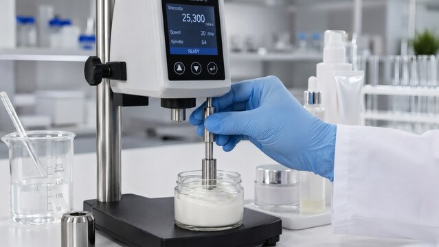 Cosmetic Chemist Testing Emulsion Viscosity with Rotational Viscometer