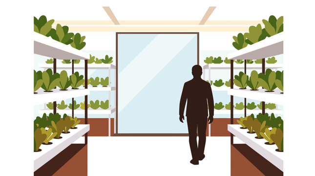 A silhouetted person walks through a modern indoor vertical farming facility with shelves of leafy greens.