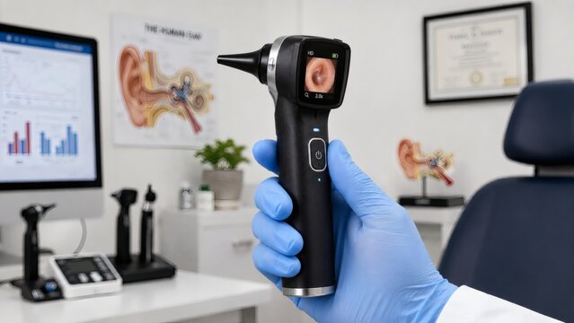 Audiologist Holding Digital Video Otoscope for Ear Canal Inspection