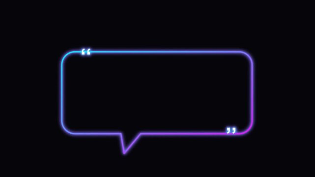 Glowing neon speech bubble with quotation marks on a dark background for message templates