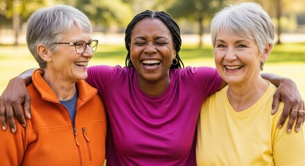 Obraz premium Diverse Group of Happy Senior Women Laughing and Hugging Outdoors in a Sunny Park Setting
