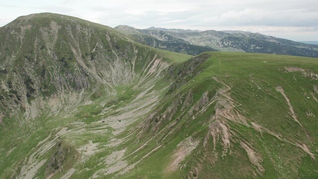 Aerial view of a mountain hiking trail in the Parang Mountains of the Romanian Carpathians