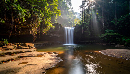 Waterfall in tropical jungle. Scenic rainforest landscape with sun rays. © Zeeshan