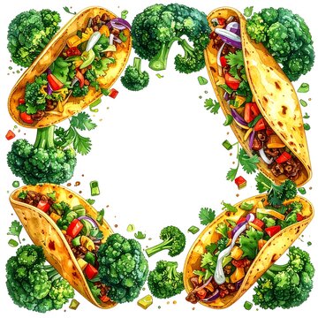 Colorful tacos and broccoli arranged in a circle.