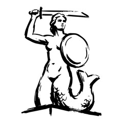 Warsaw Mermaid statue symbol with sword and shield black ink brush sketch vector © Logan
