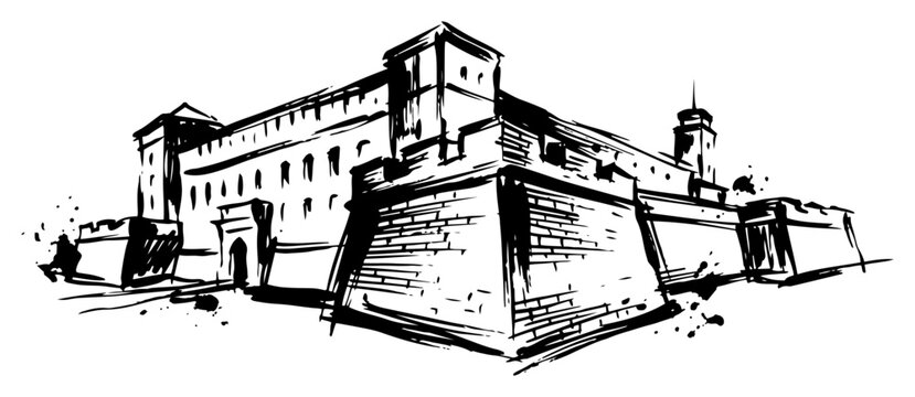 Historic fortress with stone walls and towers in hand drawn ink sketch style