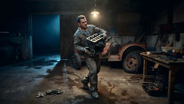 Skilled mechanic carrying engine block in garage with vintage car and workbench
