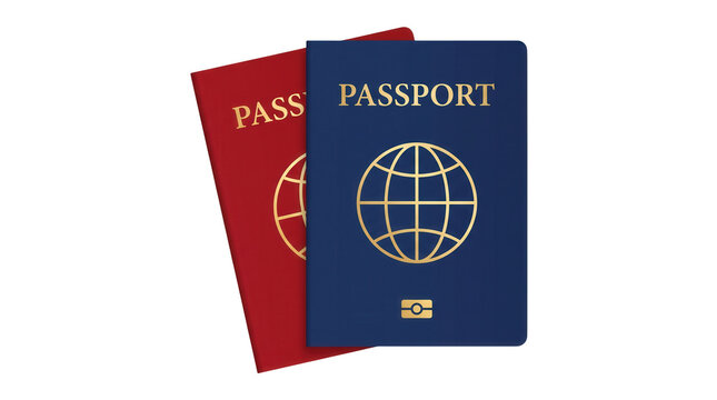 Close-up graphic illustration of blue passport booklet with gold globe emblem overlapping red passport cover with biometric symbol isolated on transparent background