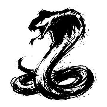 Cobra snake coiled with flared hood in aggressive textured brush style
