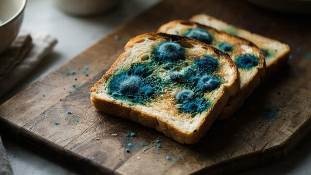 Slices of moldy bread on a wooden cutting board